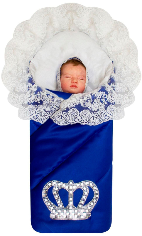 Зимний конверт-одеяло на выписку Luxury Baby Империя синий с молочным кружевом и большой короной на липучке